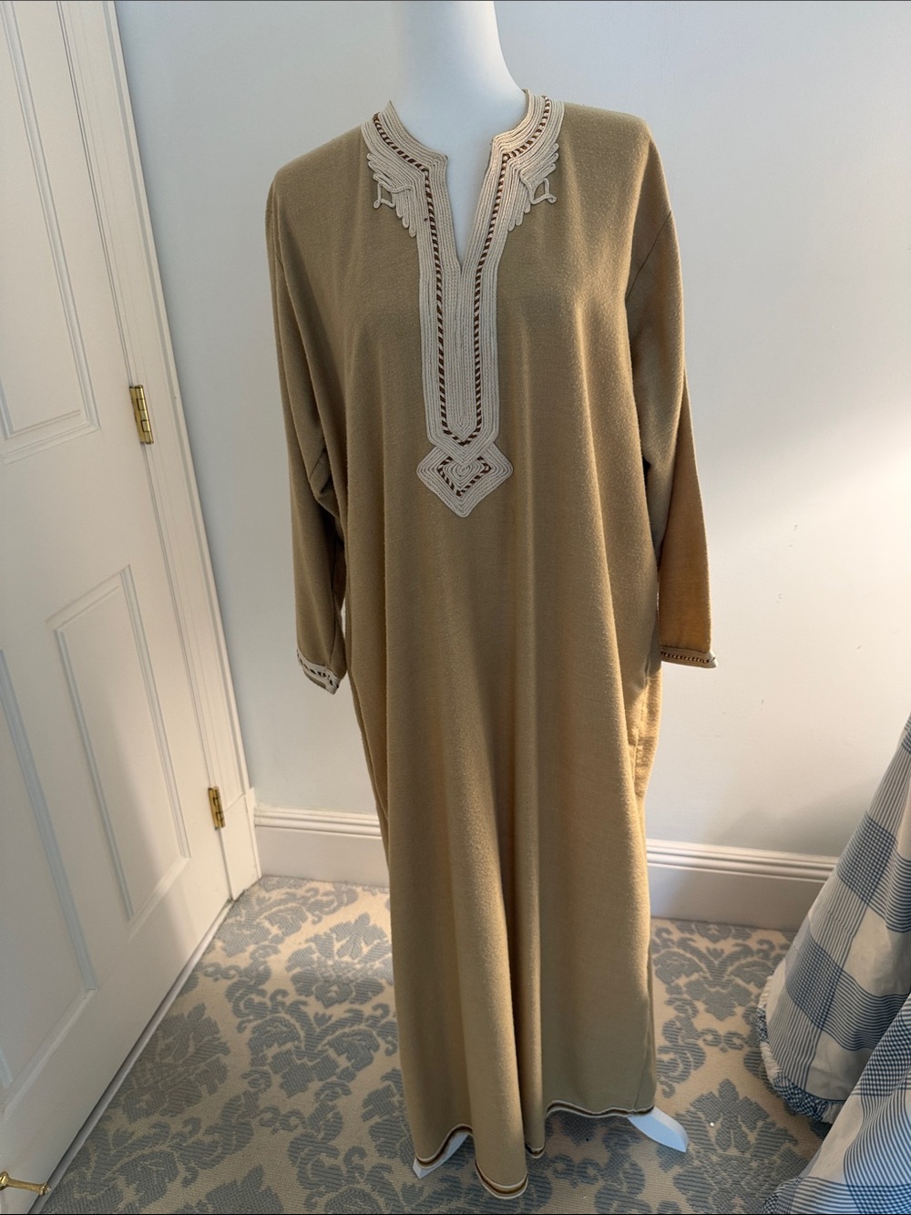 Moroccan Beige Embroidered V-Neck Long Dress. Feels like soft wool.